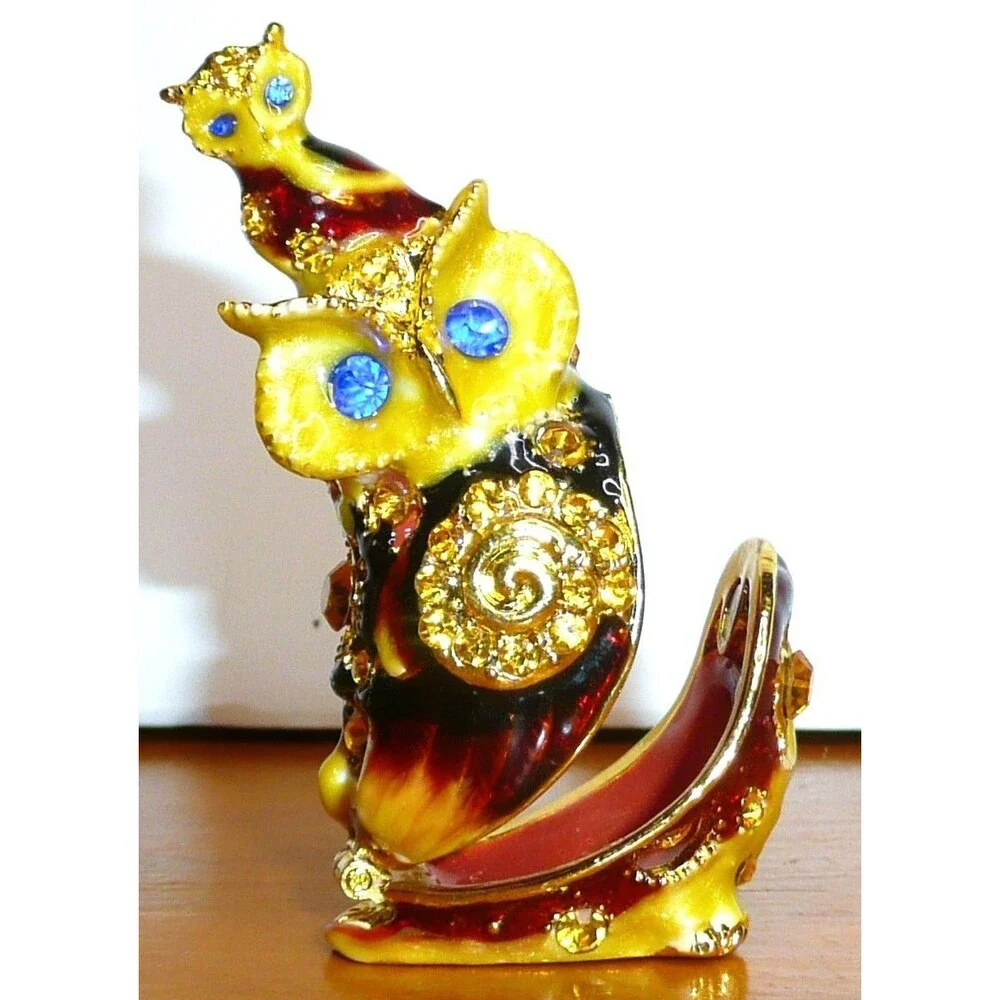 Cherished Treasures Jeweled Collection Enamel Mom & Baby Owl Hinged Trinket Box
